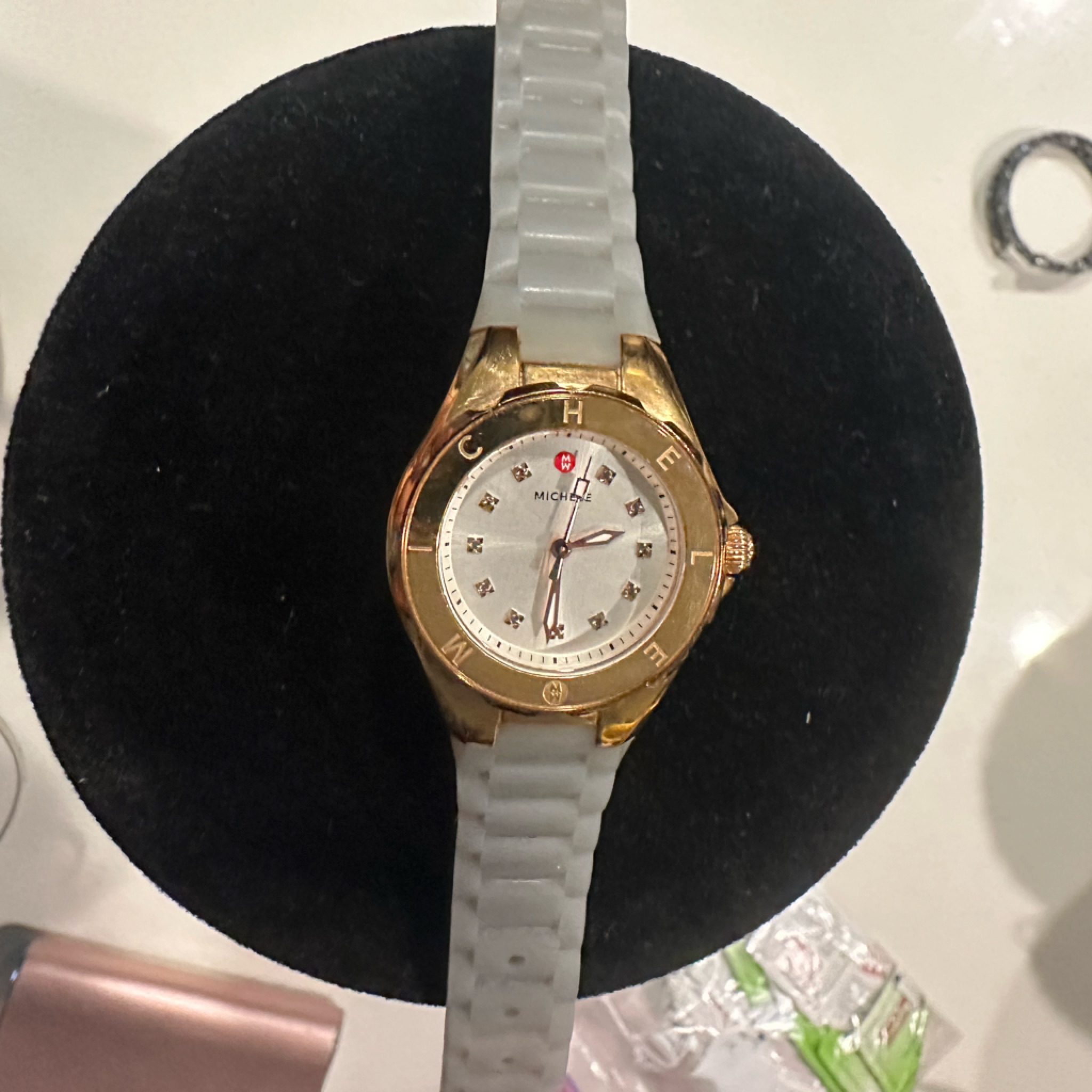 Michele Gold And White Watch With Diamond Accents Michele Gold And White Watch With Diamond Accents